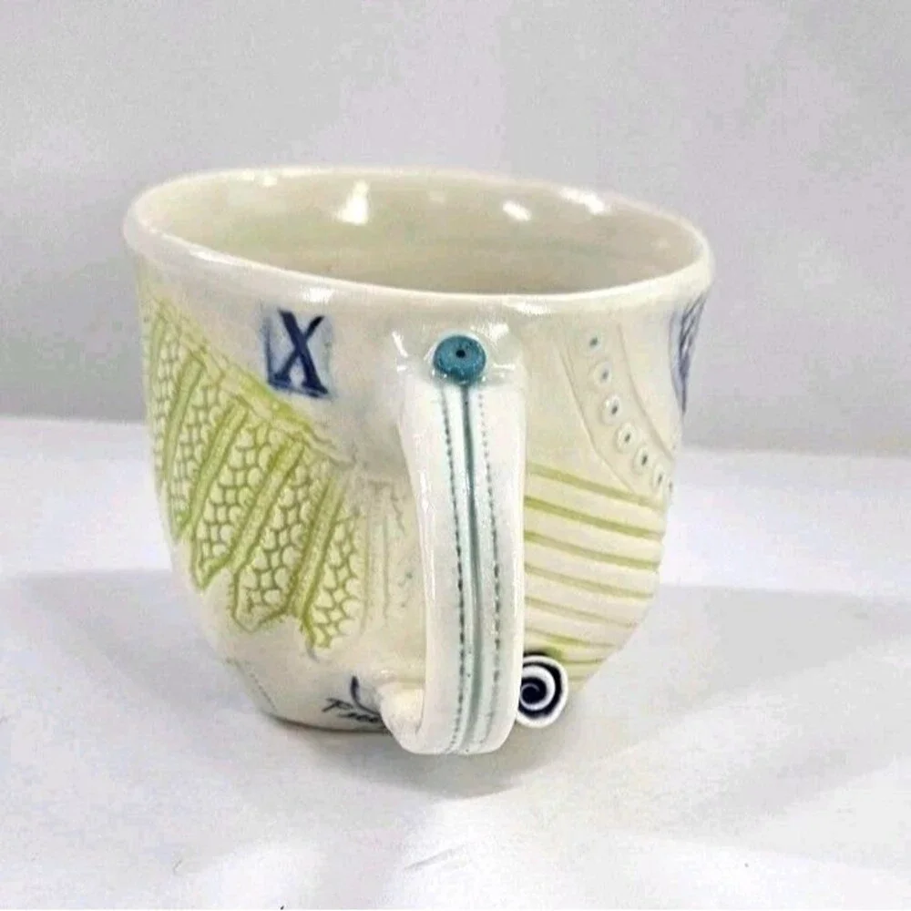 Studio Art Pottery Slab Built Coffee Tea Mug Abstract Floral Blue Green White Lg
